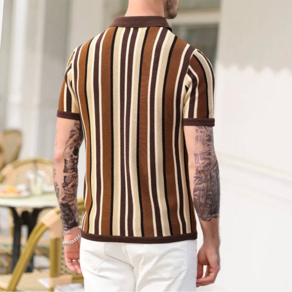 PJ Paul Jones Men's Retro Knit Polo Striped Button Up Shirt Brown Size Medium - Picture 2 of 7